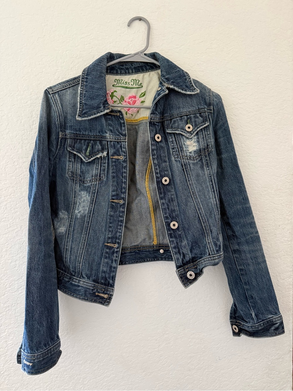 Miss Me Distressed Dark Blue Denim Jacket with Embroidered Collar